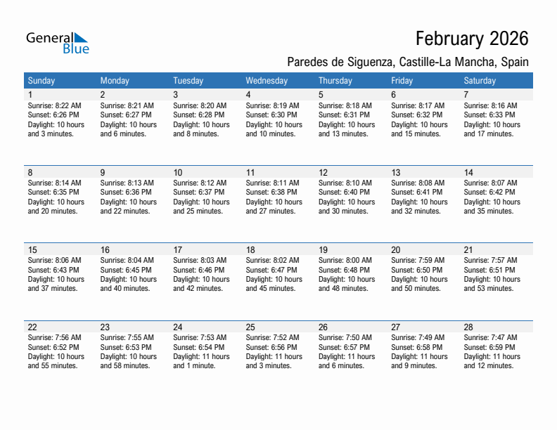 Paredes de Siguenza February 2026 sunrise and sunset calendar in PDF, Excel, and Word