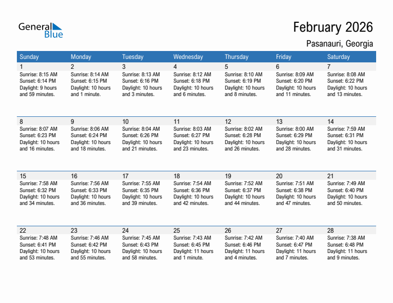 Pasanauri February 2026 sunrise and sunset calendar in PDF, Excel, and Word