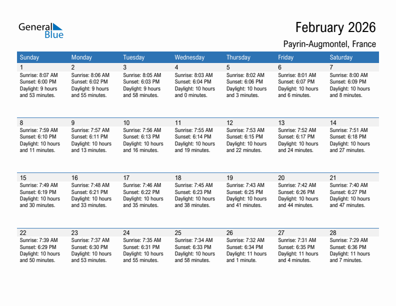 Payrin-Augmontel February 2026 sunrise and sunset calendar in PDF, Excel, and Word
