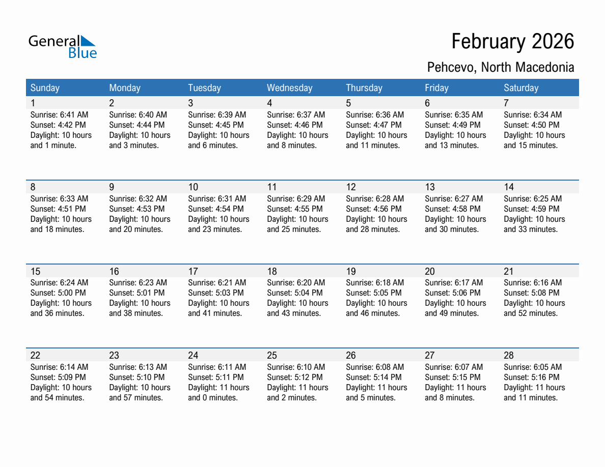 February 2026 sunrise and sunset calendar for Pehcevo
