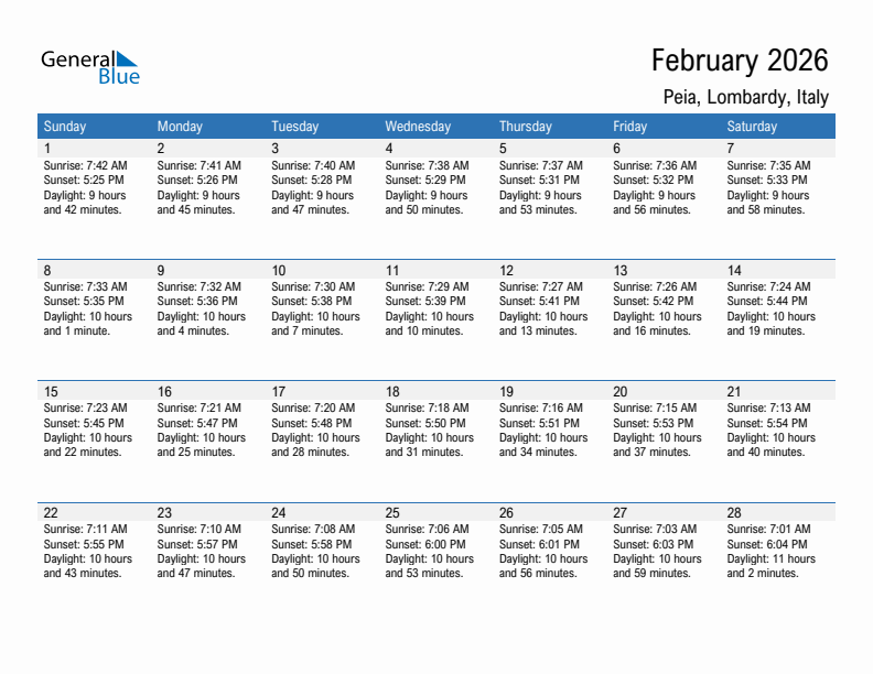 Peia February 2026 sunrise and sunset calendar in PDF, Excel, and Word