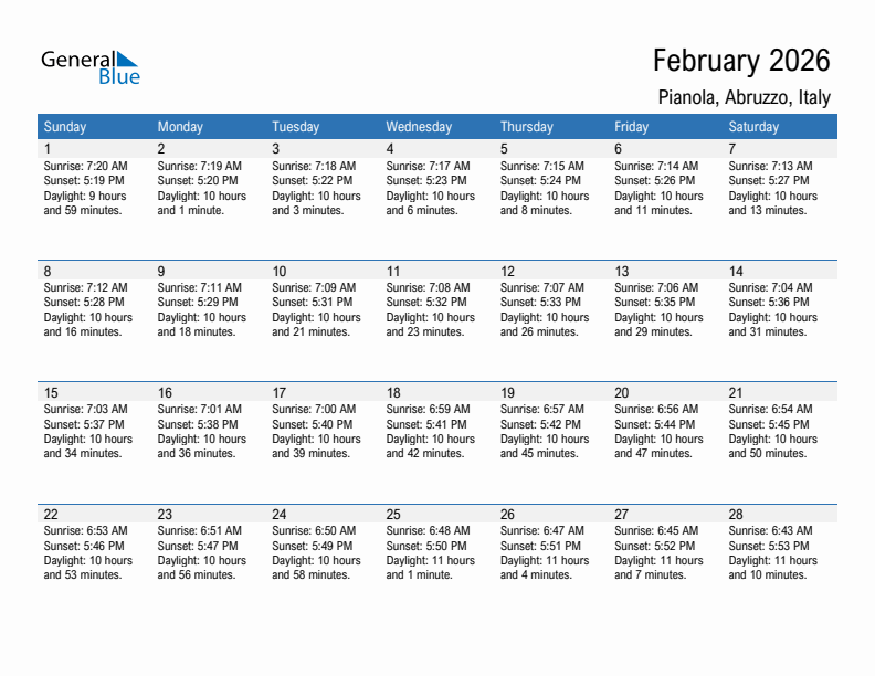 Pianola February 2026 sunrise and sunset calendar in PDF, Excel, and Word