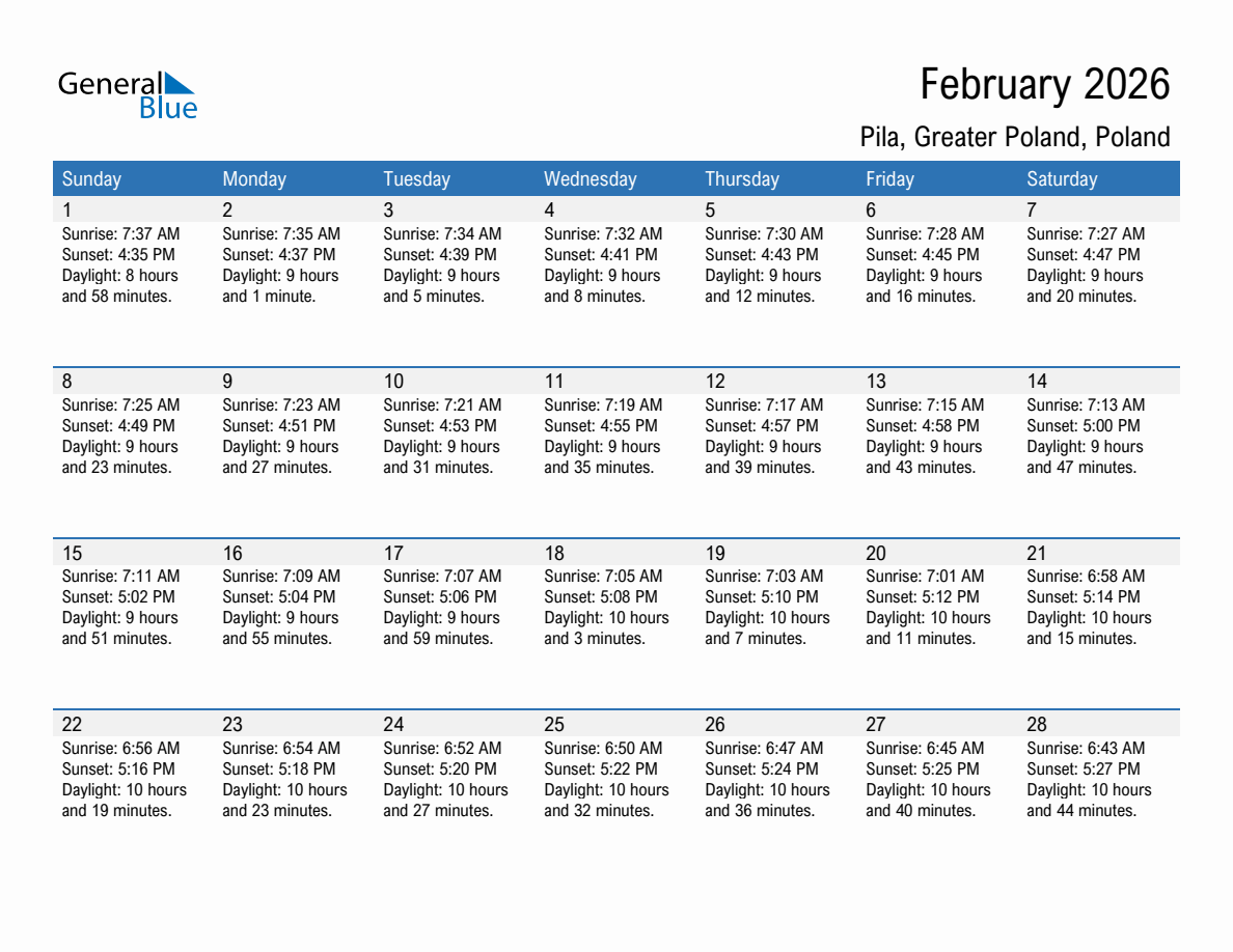 February 2026 sunrise and sunset calendar for Pila
