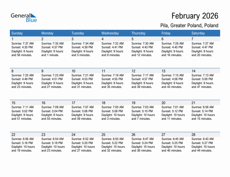 Pila February 2026 sunrise and sunset calendar in PDF, Excel, and Word