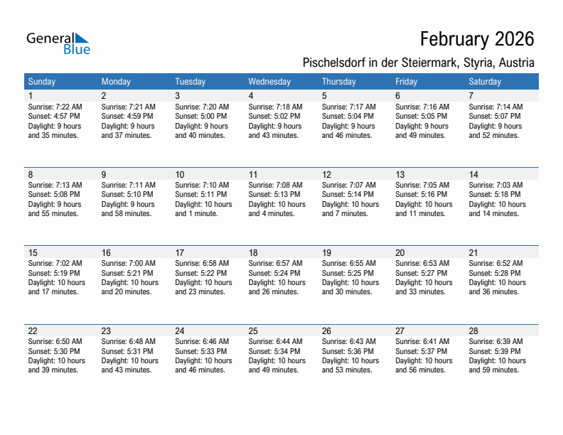 Pischelsdorf in der Steiermark February 2026 sunrise and sunset calendar in PDF, Excel, and Word