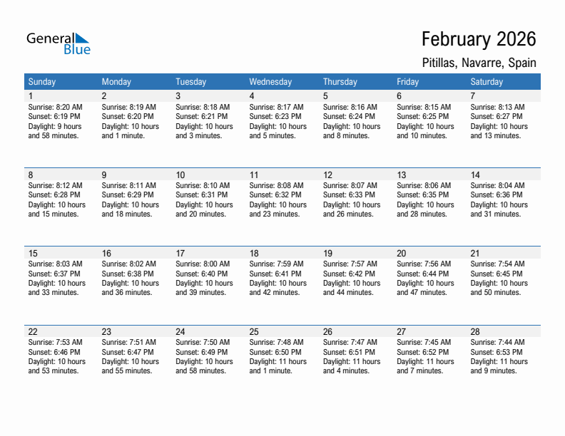 Pitillas February 2026 sunrise and sunset calendar in PDF, Excel, and Word