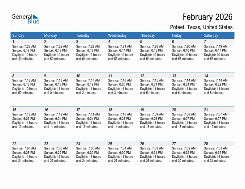 Poteet February 2026 sunrise and sunset calendar in PDF, Excel, and Word