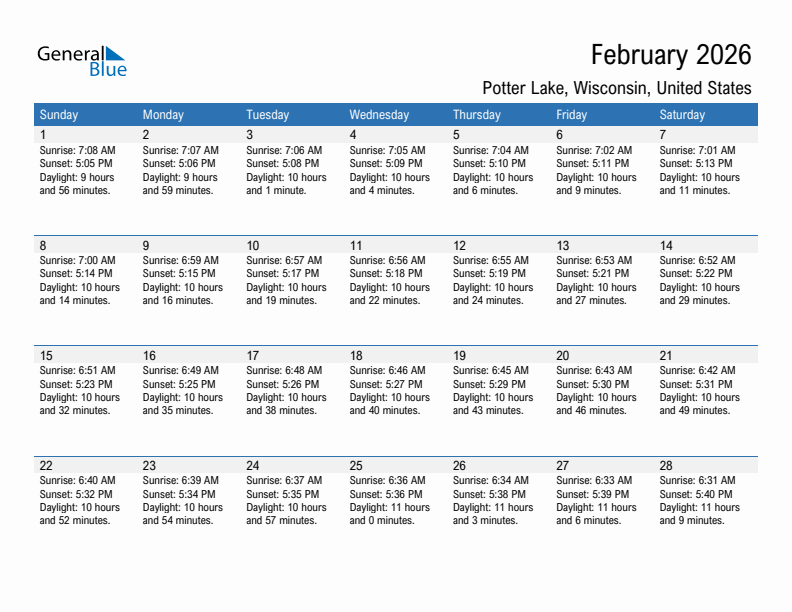 Potter Lake February 2026 sunrise and sunset calendar in PDF, Excel, and Word