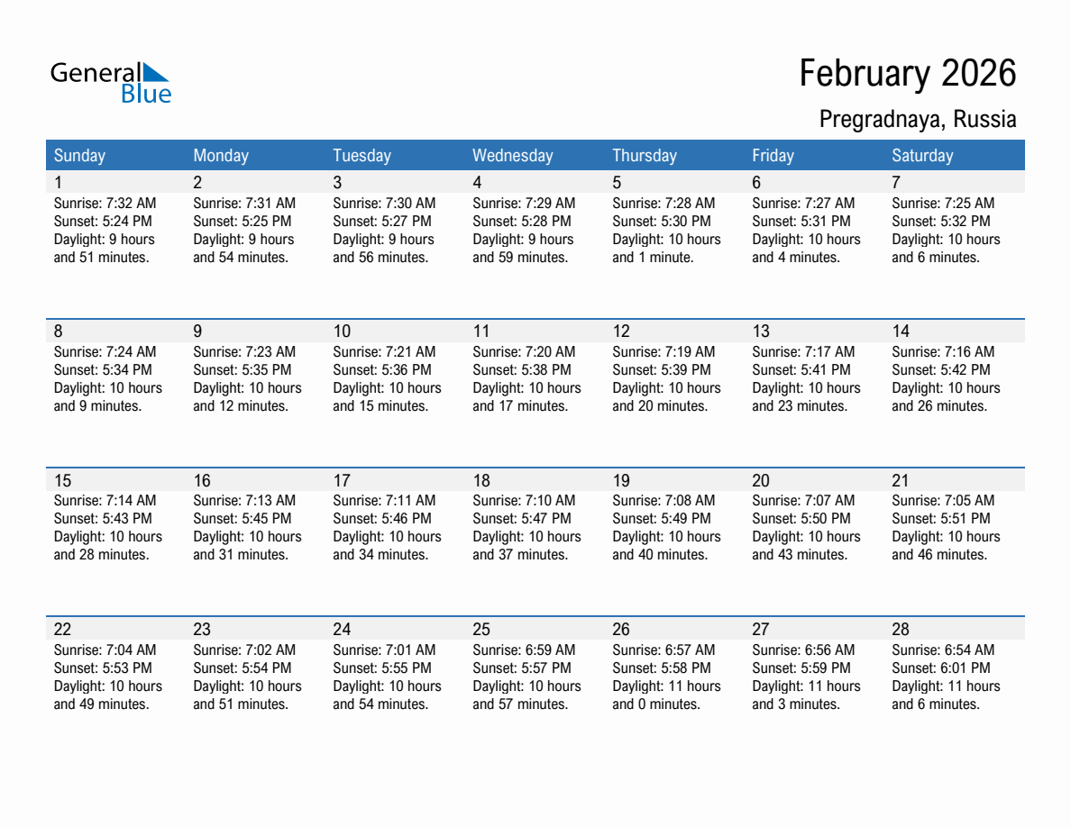 February 2026 sunrise and sunset calendar for Pregradnaya