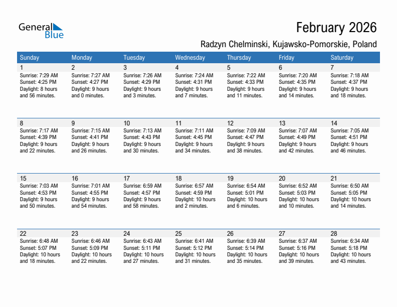 Radzyn Chelminski February 2026 sunrise and sunset calendar in PDF, Excel, and Word