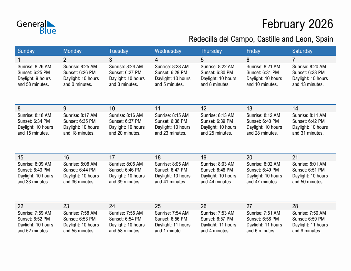 February 2026 sunrise and sunset calendar for Redecilla del Campo