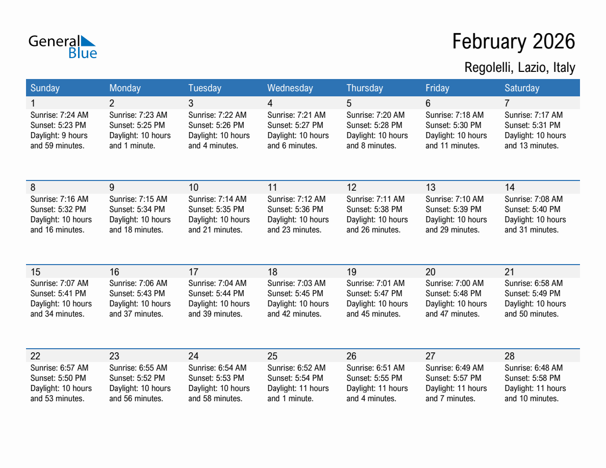 February 2026 sunrise and sunset calendar for Regolelli