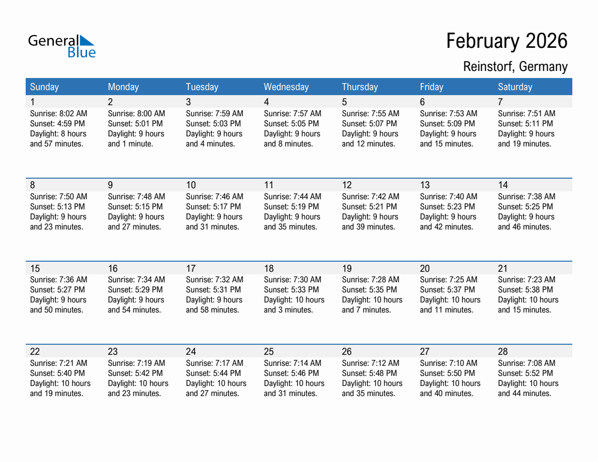 February 2026 sunrise and sunset calendar for Reinstorf