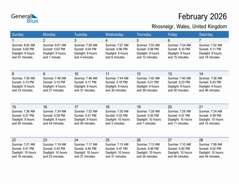 Rhosneigr February 2026 sunrise and sunset calendar in PDF, Excel, and Word