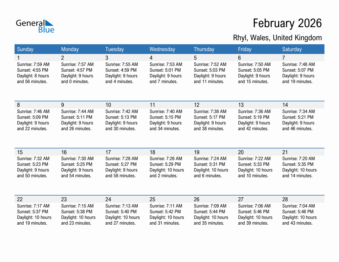 February 2026 sunrise and sunset calendar for Rhyl