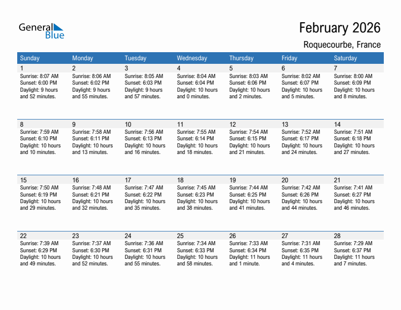 Roquecourbe February 2026 sunrise and sunset calendar in PDF, Excel, and Word