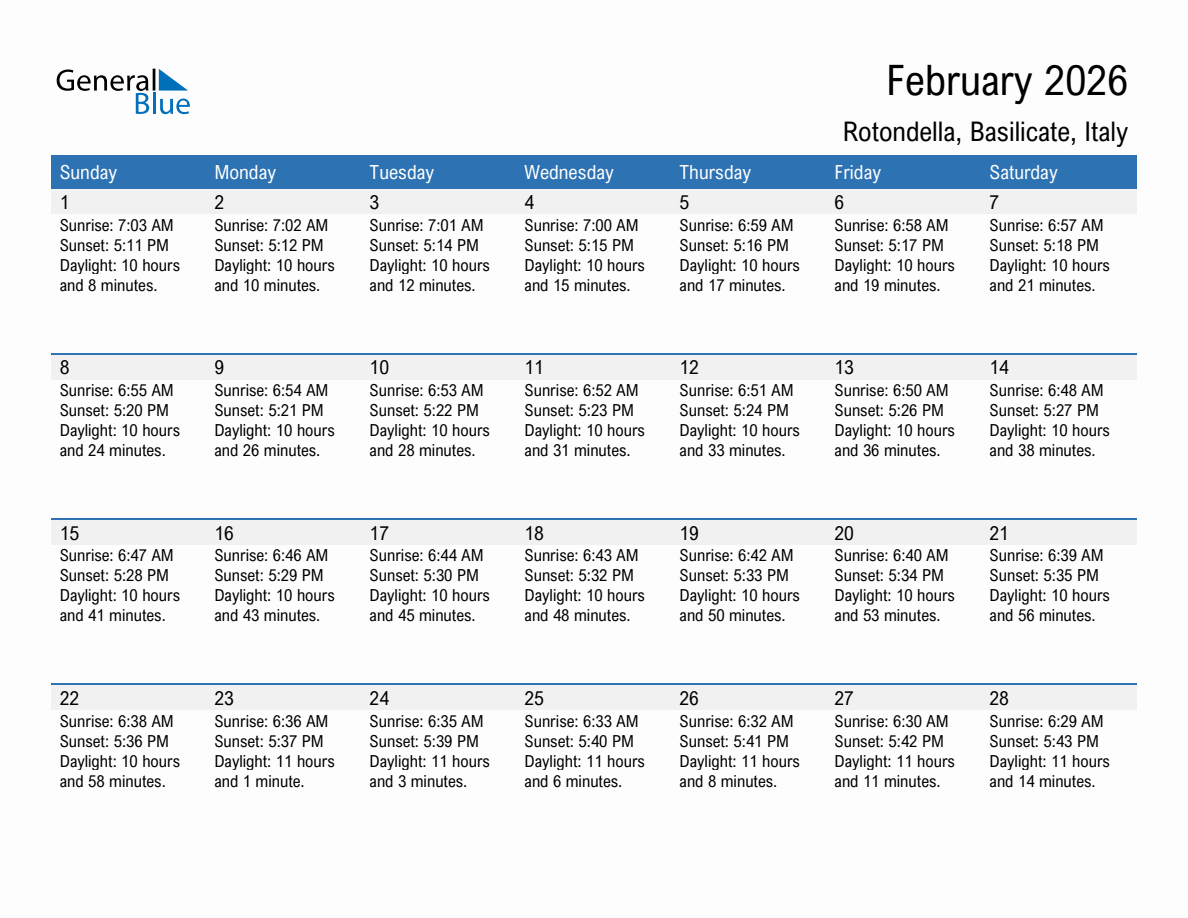 February 2026 sunrise and sunset calendar for Rotondella