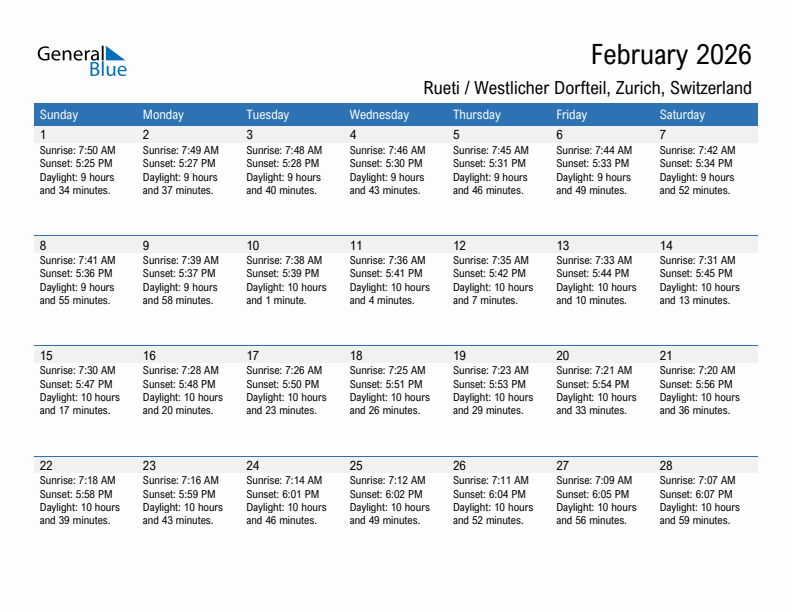 Rueti / Westlicher Dorfteil February 2026 sunrise and sunset calendar in PDF, Excel, and Word