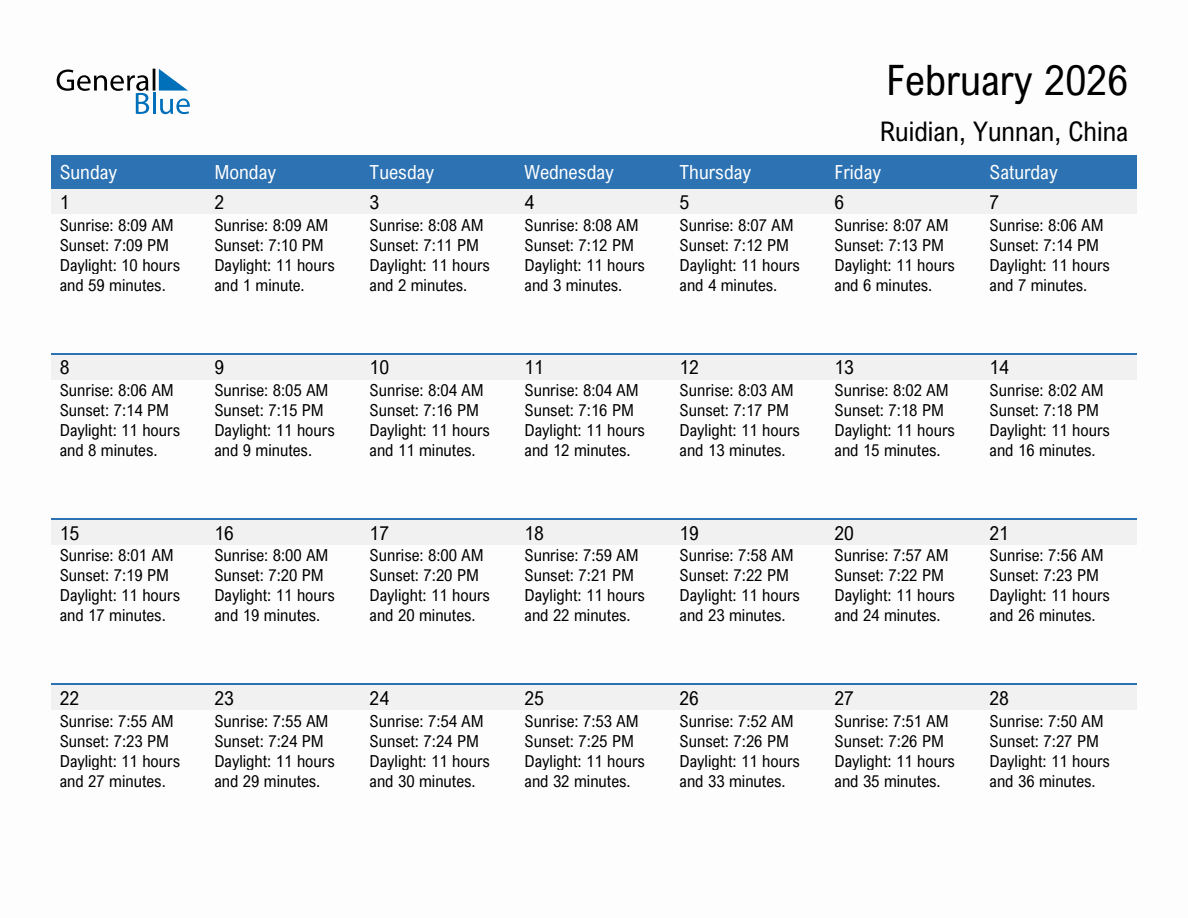 February 2026 sunrise and sunset calendar for Ruidian