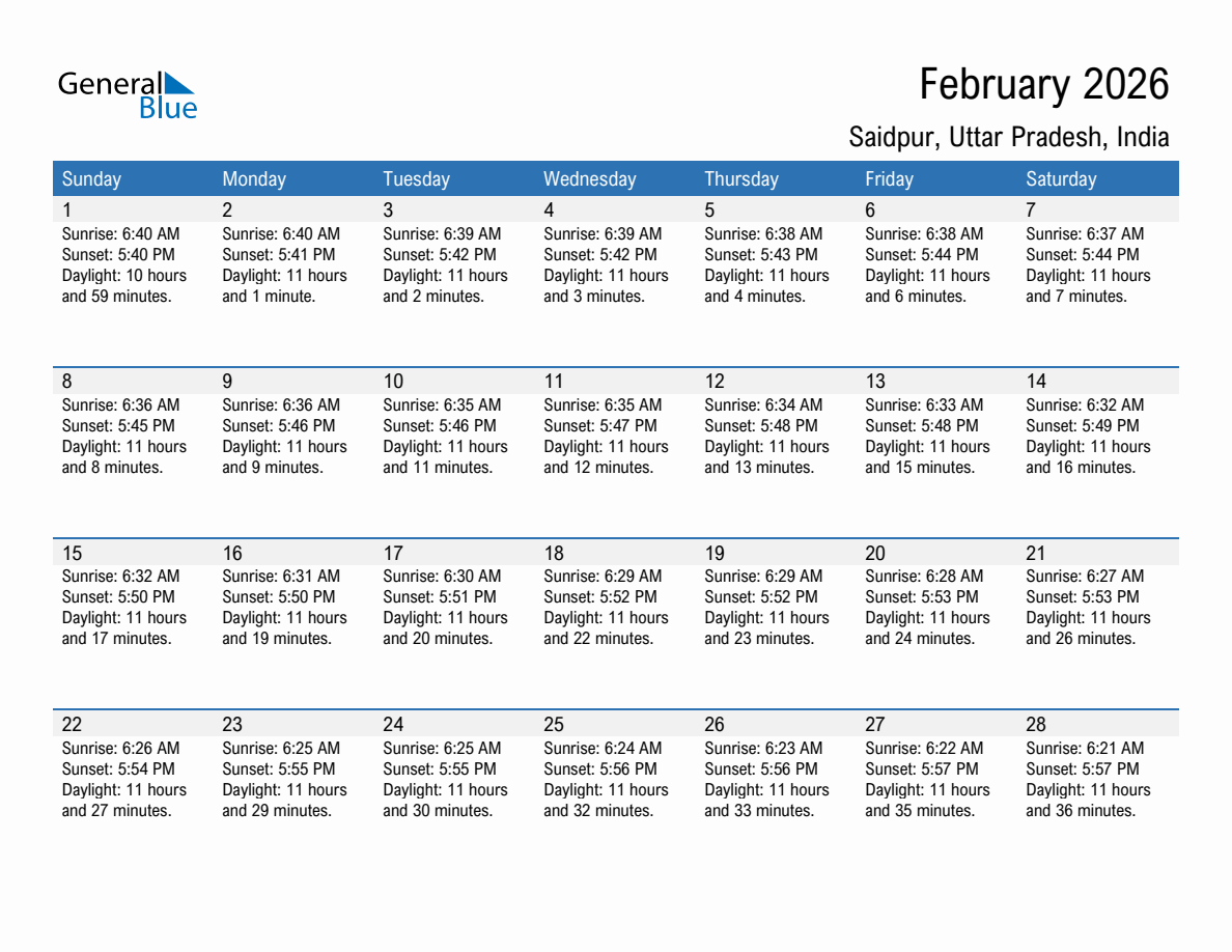February 2026 sunrise and sunset calendar for Saidpur