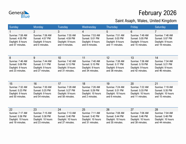 Saint Asaph February 2026 sunrise and sunset calendar in PDF, Excel, and Word