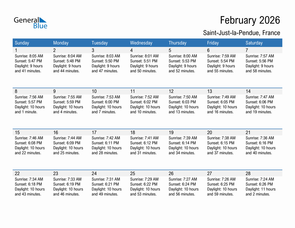 February 2026 sunrise and sunset calendar for Saint-Just-la-Pendue