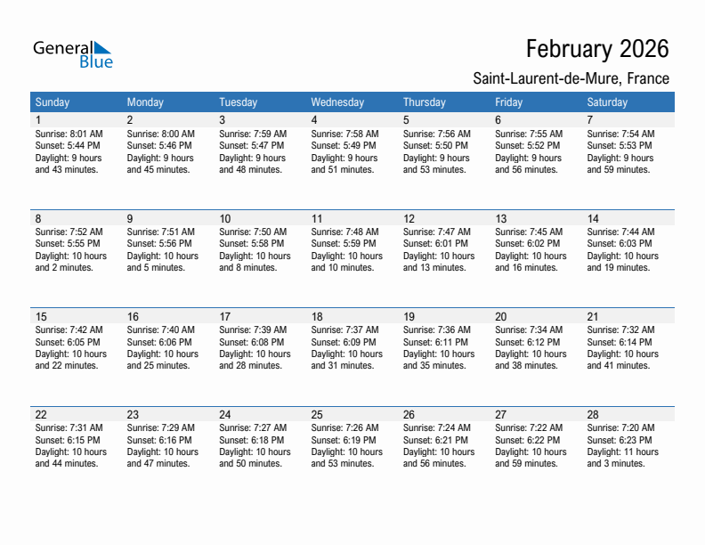 Saint-Laurent-de-Mure February 2026 sunrise and sunset calendar in PDF, Excel, and Word