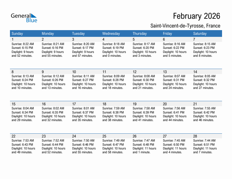 Saint-Vincent-de-Tyrosse February 2026 sunrise and sunset calendar in PDF, Excel, and Word