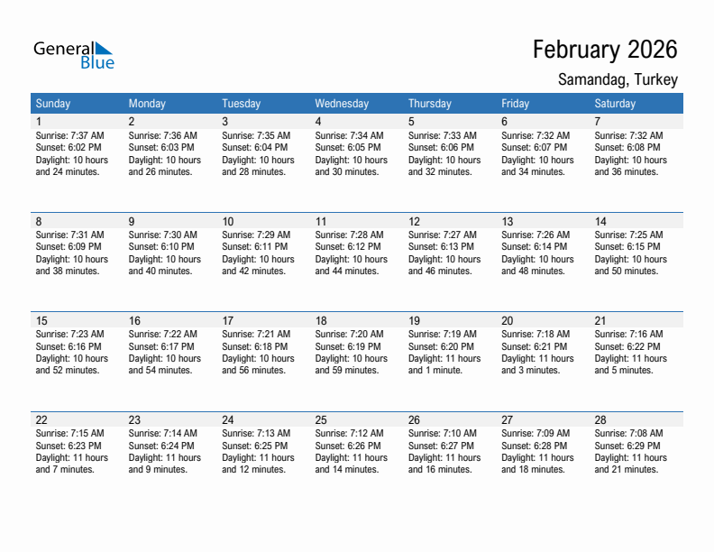 Samandag February 2026 sunrise and sunset calendar in PDF, Excel, and Word