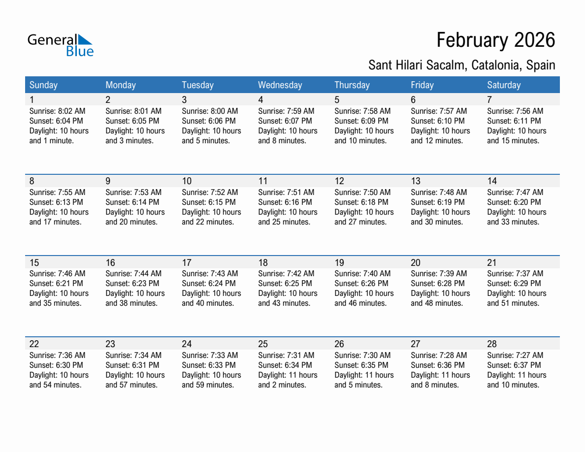 February 2026 sunrise and sunset calendar for Sant Hilari Sacalm