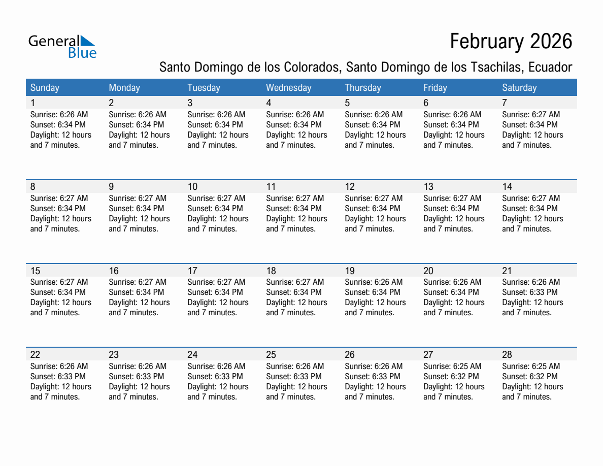 February 2026 sunrise and sunset calendar for Santo Domingo de los Colorados