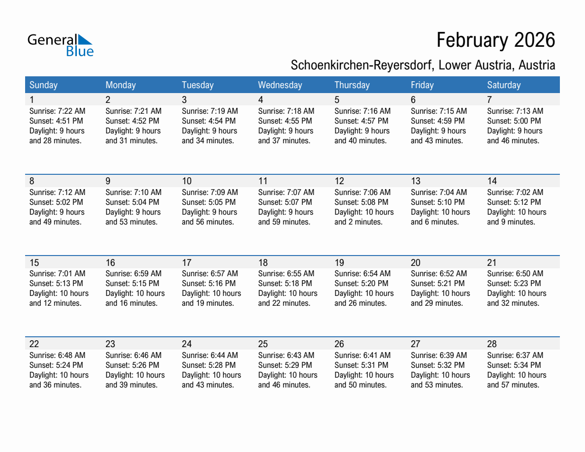 February 2026 sunrise and sunset calendar for Schoenkirchen-Reyersdorf