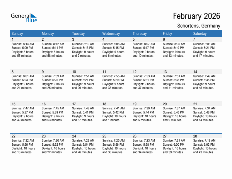 Schortens February 2026 sunrise and sunset calendar in PDF, Excel, and Word