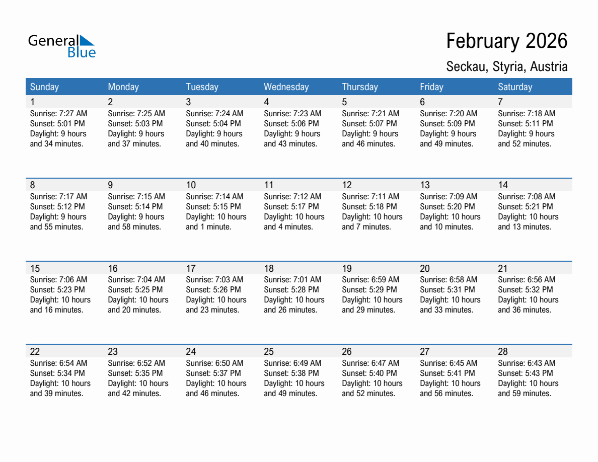 February 2026 sunrise and sunset calendar for Seckau
