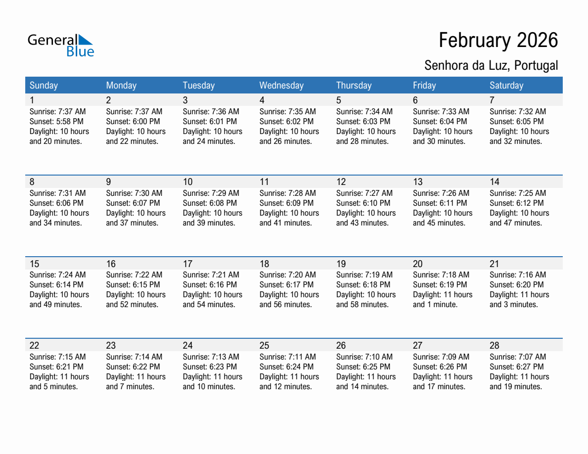 February 2026 sunrise and sunset calendar for Senhora da Luz