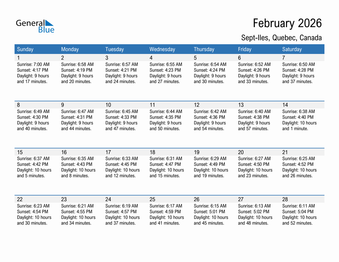 February 2026 sunrise and sunset calendar for Sept-Iles