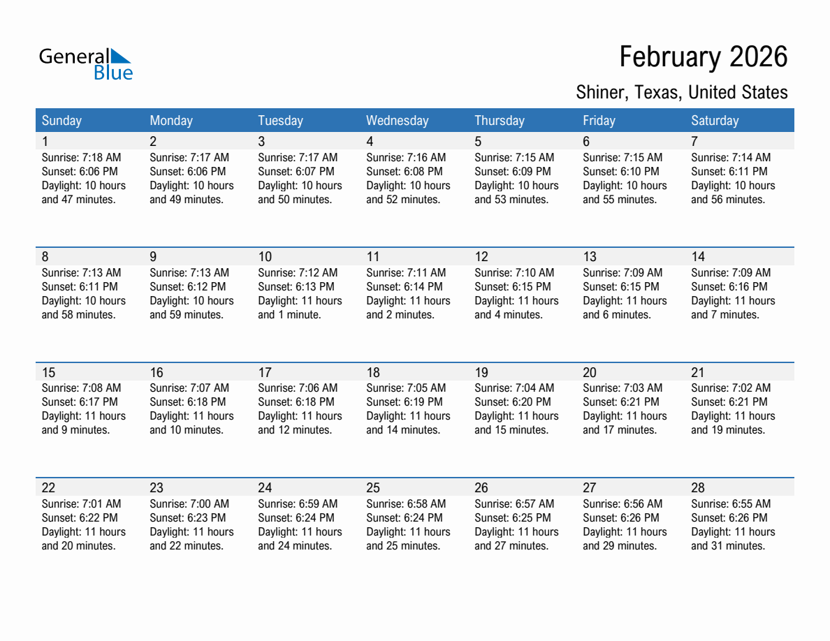 February 2026 sunrise and sunset calendar for Shiner