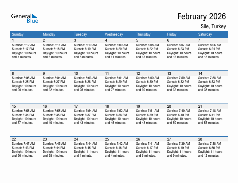 Sile February 2026 sunrise and sunset calendar in PDF, Excel, and Word