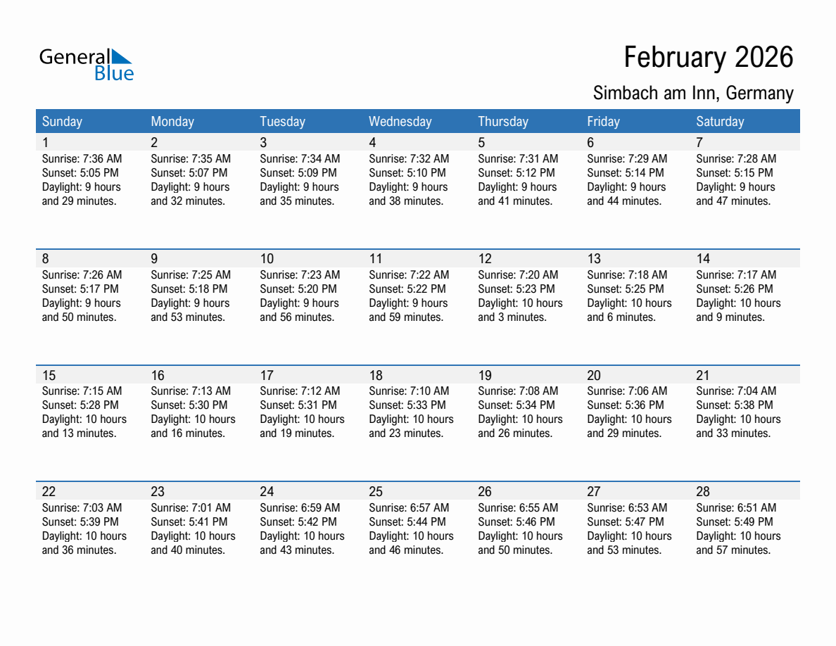 February 2026 sunrise and sunset calendar for Simbach am Inn