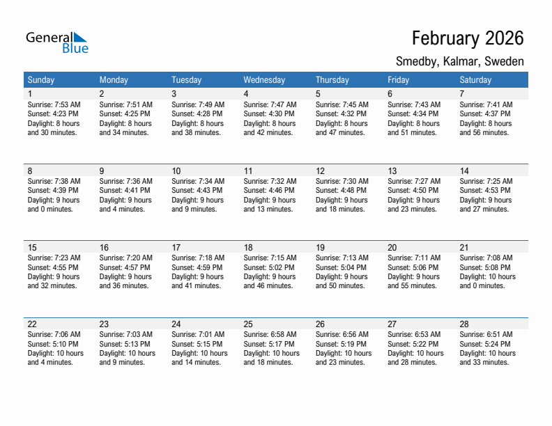 Smedby February 2026 sunrise and sunset calendar in PDF, Excel, and Word