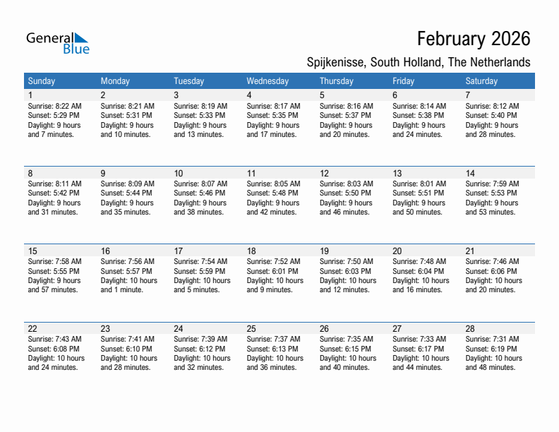 Spijkenisse February 2026 sunrise and sunset calendar in PDF, Excel, and Word