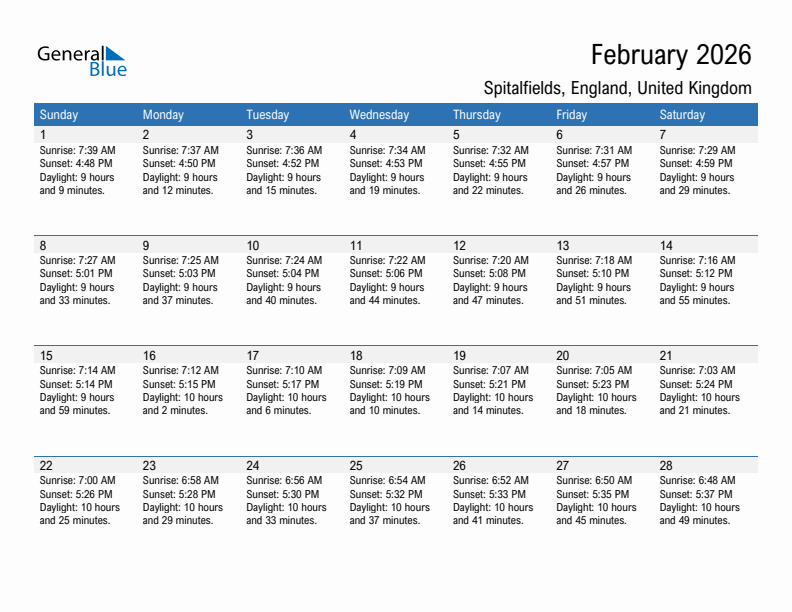 Spitalfields February 2026 sunrise and sunset calendar in PDF, Excel, and Word