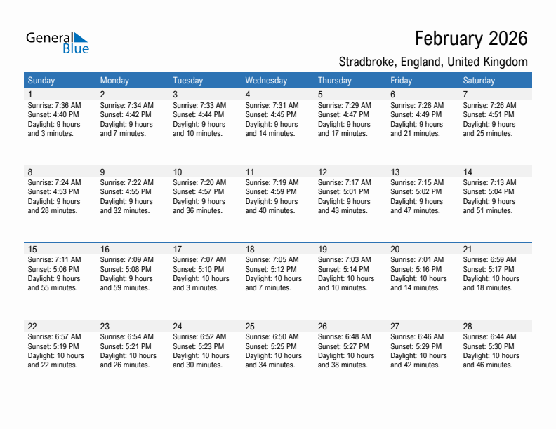 Stradbroke February 2026 sunrise and sunset calendar in PDF, Excel, and Word