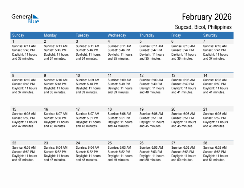 Sugcad February 2026 sunrise and sunset calendar in PDF, Excel, and Word