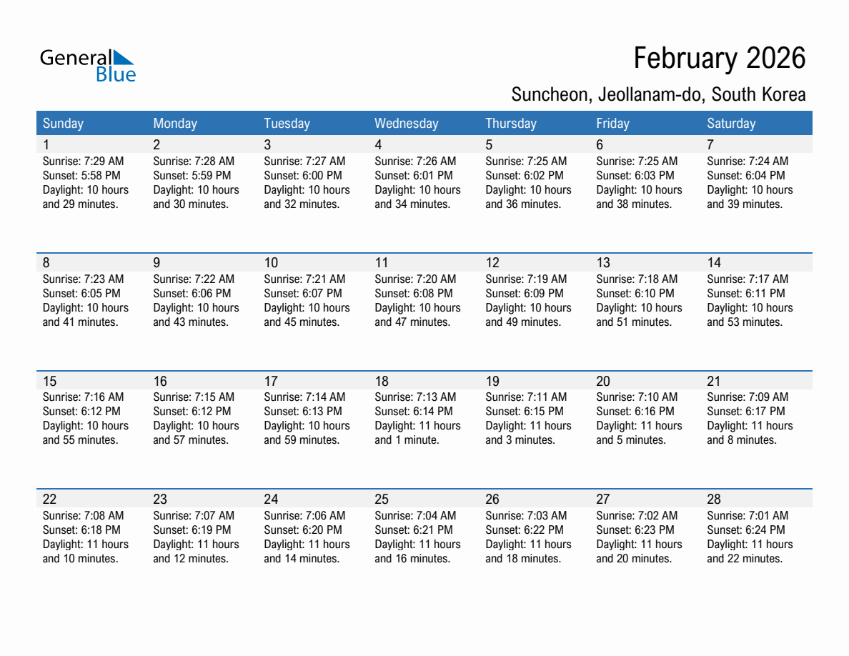 February 2026 sunrise and sunset calendar for Suncheon