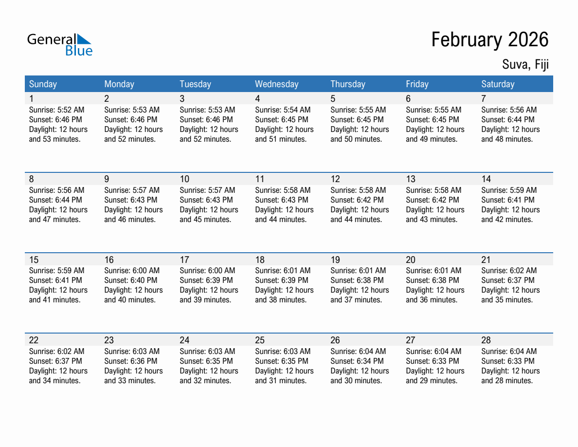 February 2026 sunrise and sunset calendar for Suva