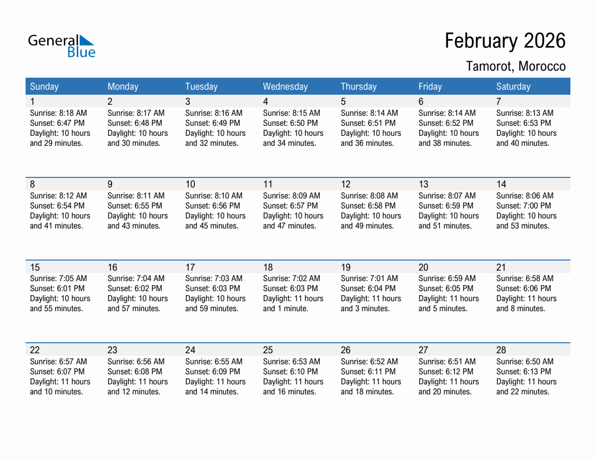 February 2026 sunrise and sunset calendar for Tamorot