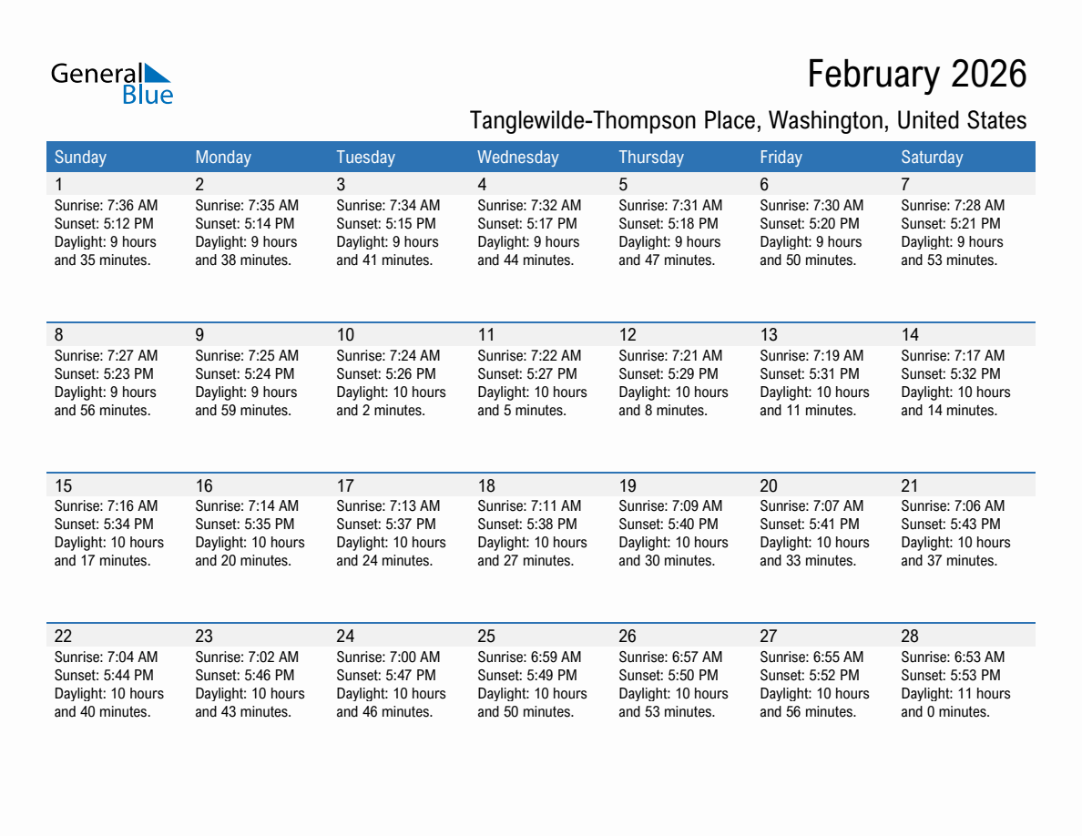 February 2026 sunrise and sunset calendar for Tanglewilde-Thompson Place