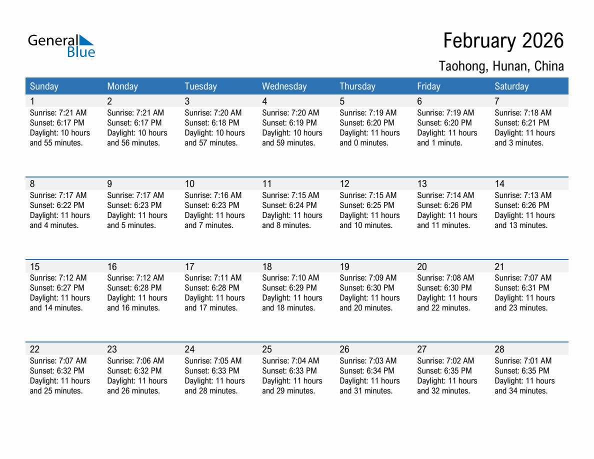 February 2026 sunrise and sunset calendar for Taohong