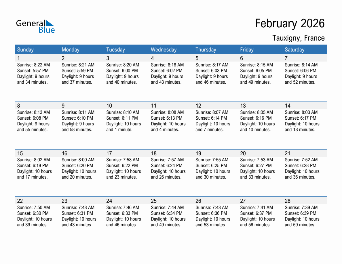 February 2026 sunrise and sunset calendar for Tauxigny